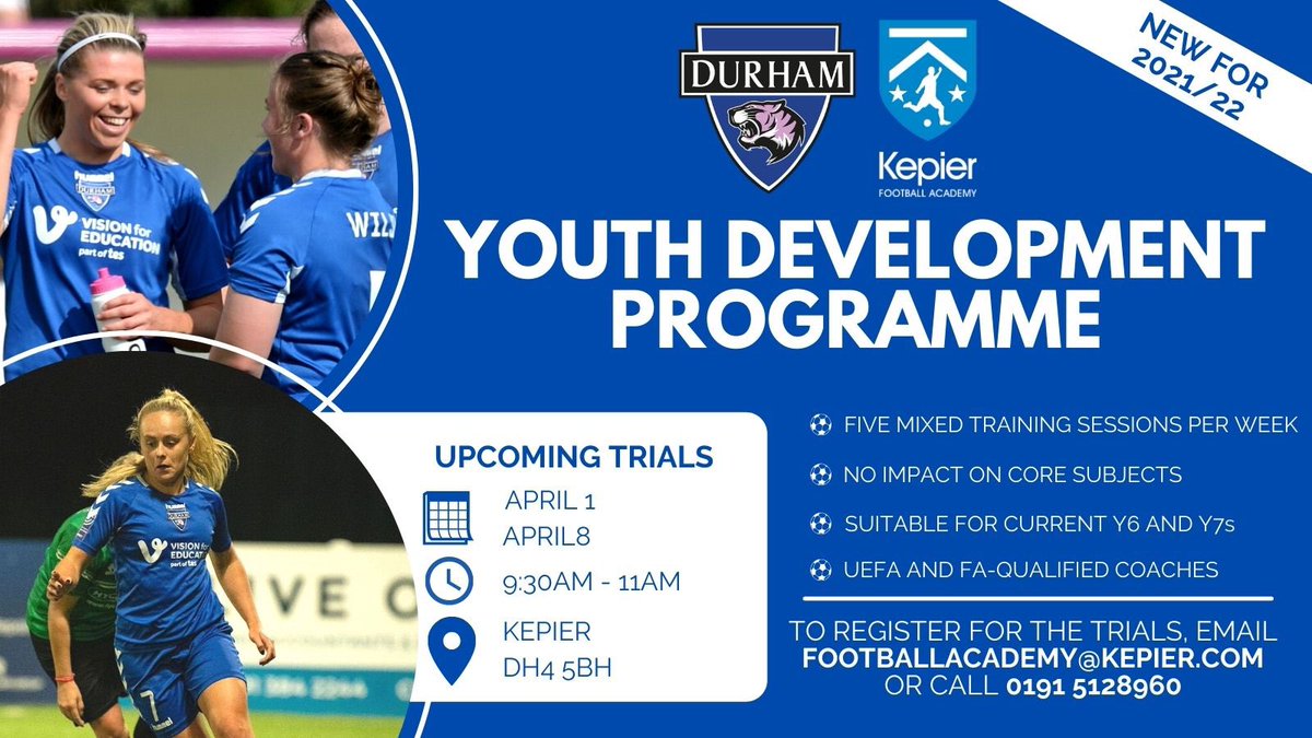 KepierFA's tweet photo. We’re delighted to announce our new partnership with @DurhamWFC. We are looking for talented footballers who would like to be part of our exciting Youth Development Programme. Trials are being held over the next two weeks so sign up now! https://t.co/wY4rODSOxi