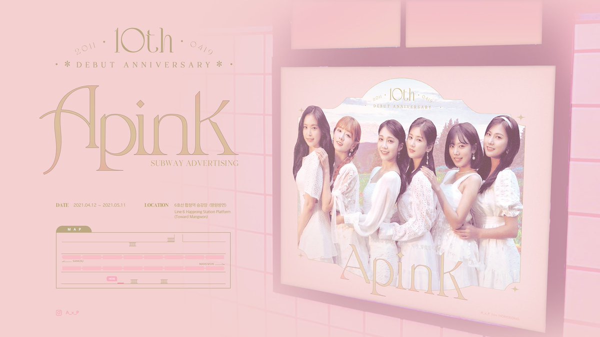 _a__x__p_'s tweet photo. We have prepared a subway advertisement to celebrate the 10th anniversary of Apink!💕

Hapjeong Station advertising 🚇 
Date: 12/4-11/5
Location: Line 6 Hapjeong Station platform (toward Mangwon) 
#apink10thanniversary
#apink #apinkhk
#chorong #bomi #eunji
#naeun #namjoo #hayoung https://t.co/f0nkKXN2uk