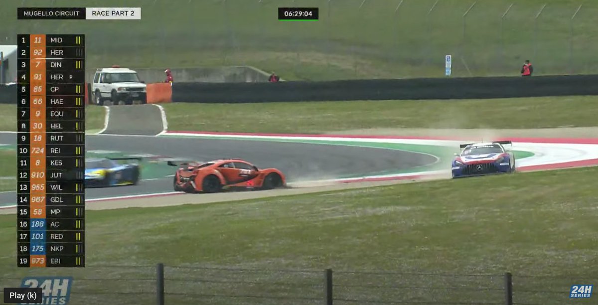 24HSERIES's tweet photo. #24HSERIES | Contact between #CPRacing (85, 5th in GT3) and #VortexV8 (701, 4th in GTX) means the 01 sports car is now beached at T10. @CEspenlaub goes across the grass but manages to continue.
Code 60. Cue the pit stops.
#12HMUGELLO https://t.co/5rxhH1dTfI
