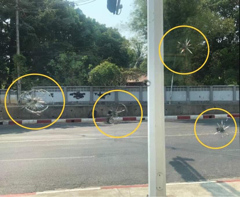 LeiShonn's tweet photo. American Center on University Avenue Road, Yangon was fired 4times at 2:26PM today. Luckily, the security guards were not injured. It remains to be seen how the US government would response as a diplomatic territory.
#AntiFascistRevolution2021
#Mar27Coup
#WhatsHappeningInMyanmar https://t.co/a474pX2Sih