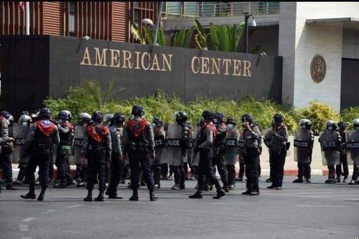 LeiShonn's tweet photo. American Center on University Avenue Road, Yangon was fired 4times at 2:26PM today. Luckily, the security guards were not injured. It remains to be seen how the US government would response as a diplomatic territory.
#AntiFascistRevolution2021
#Mar27Coup
#WhatsHappeningInMyanmar https://t.co/a474pX2Sih