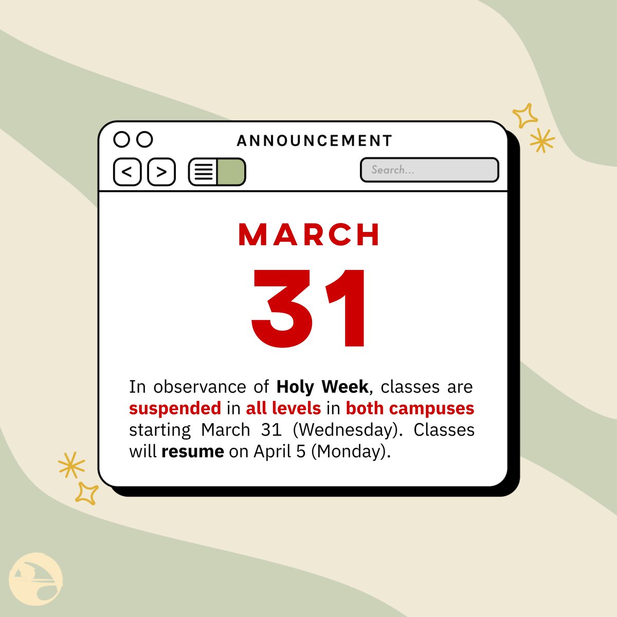hssrcc's tweet photo. [Class Suspension]

📌 Lasallians!

✝️ In observance of Holy Week, please be advised that classes are suspended in ALL LEVELS in BOTH CAMPUSES starting on WEDNESDAY, 31 March 2021. Classes shall resume on 5 April 2021. https://t.co/80i7BcLips