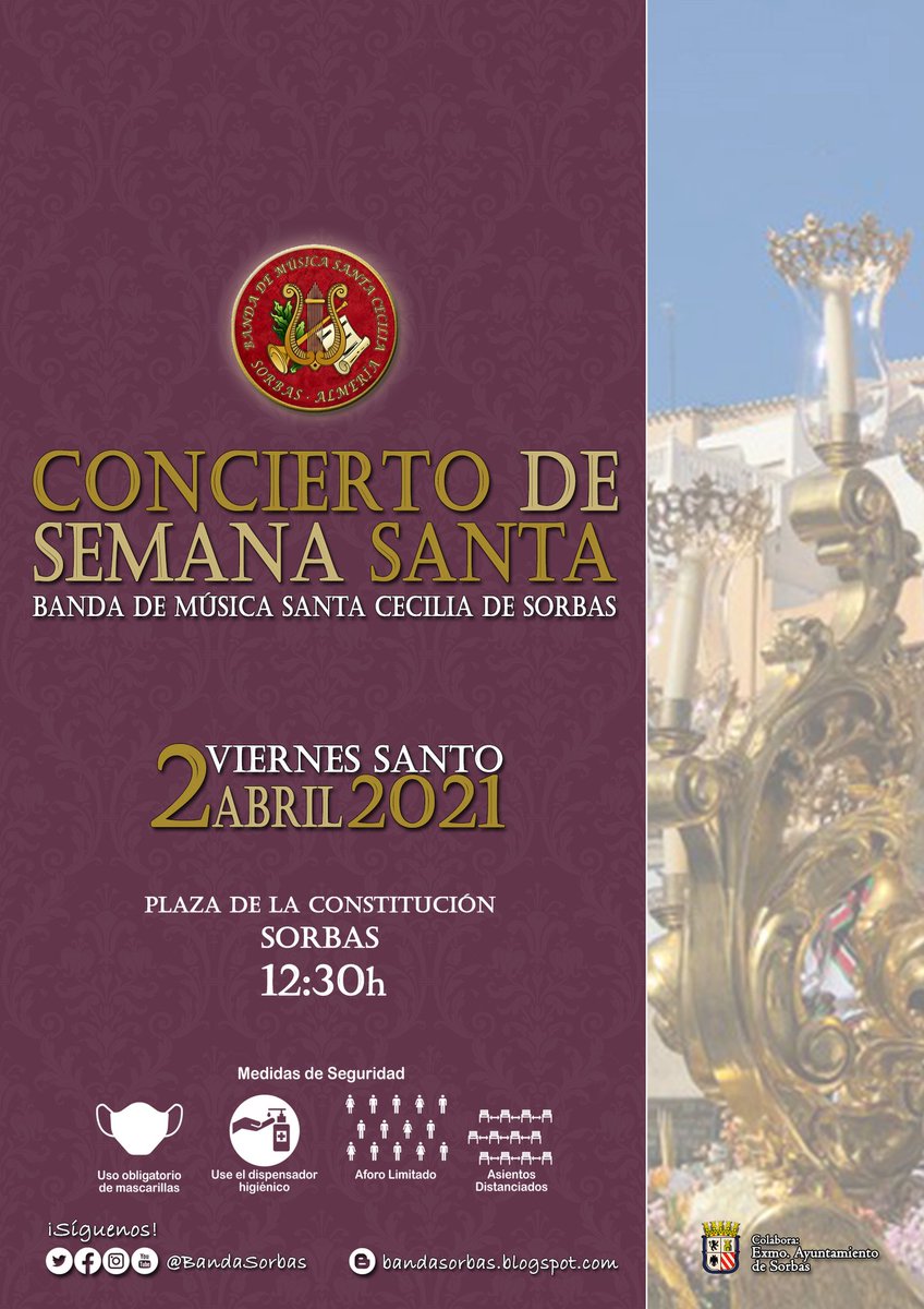 BandaSorbas's tweet photo. ¡Nuestra música volverá a sonar en Sorbas el próximo #ViernesSanto!

Con mucha alegría e ilusión anunciamos que tras más de un año, volveremos a ofrecer un concierto en nuestro pueblo.

*Rogamos a los asistentes máxima precaución y cumplimiento de medidas #Covid19. ⬇️ https://t.co/vuPNe776h0