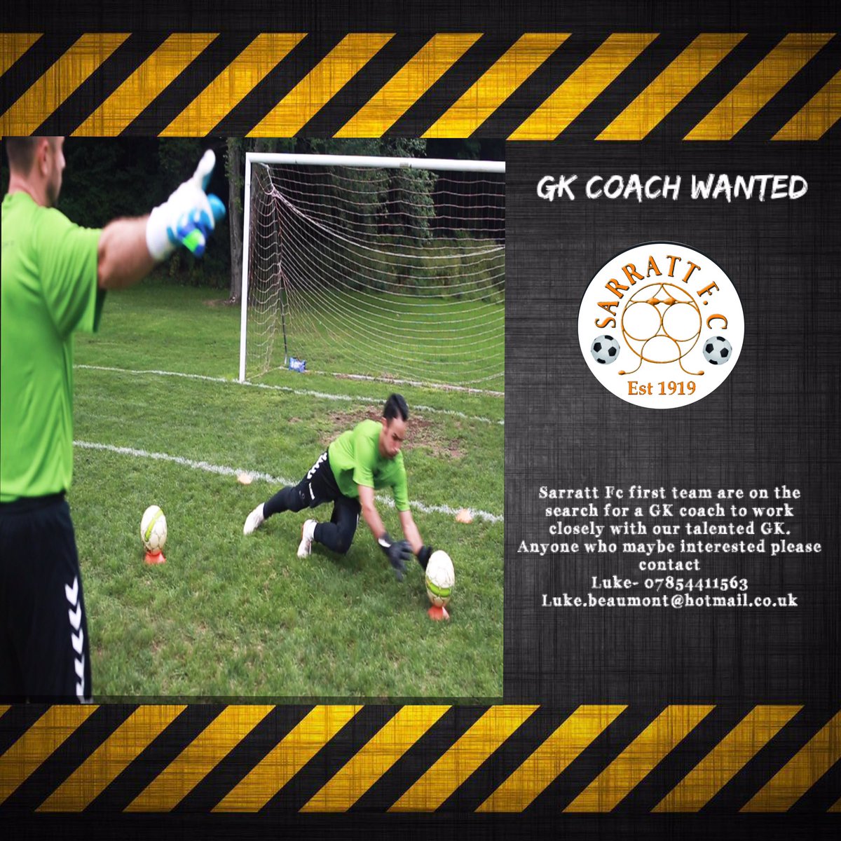 sarrattfc's tweet photo. 🟡⚫️ VACANCIES...

We are on the look out for the following roles within our team.

•Matchday Physio 
•GK Coach 

Anyone who maybe interested please follow the contact details below...
@BUILDINGSUPPL15  @johnny_stirling @hscfl @SpartanSMFL @HertfordshireFA @HertsGK https://t.co/Jf3J3yke8F