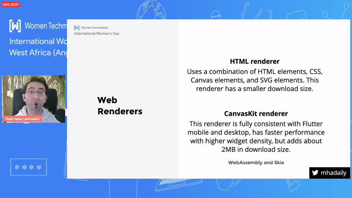 zaarab001's tweet photo. A Taste of Web with Flutter - Majid Hajian @mhadaily 

The event is live on Youtube: https://t.co/FJtaa5zk8n

#CourageToCreate #IWD2021 #WTMWestAfrica #WTMSSA
@wtmAccra @MonroviaWtm @WTMKumasi https://t.co/Ko8XoV2O63