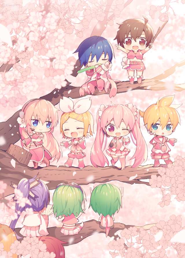 gumi ,hatsune miku ,kagamine len ,kagamine rin ,kaito (vocaloid) ,kamui gakupo ,megurine luka ,meiko (vocaloid) ,sakura miku cherry blossoms pink hair pink skirt multiple girls multiple boys green hair skirt  illustration images