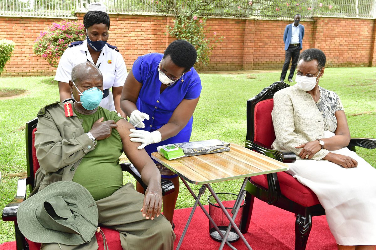 MinofHealthUG's tweet photo. This afternoon, the President of #Uganda, H E @KagutaMuseveni and First Lady, Maama @JanetMuseveni received their 1st dose of the AstraZeneca vaccine. “I encourage all Ugandans who qualify for this vaccination to go to health facilities and get it” the President said. https://t.co/u5F2XrXigQ
