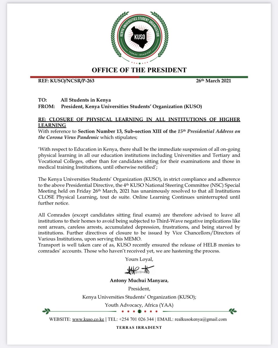 official_kuso's tweet photo. To All Comrades, KUSO will arrange for transport for those who are genuinely without the capacity to and have not received HELB. Those with HELB, you May travel soonest to and from the One Zoned Area within today and tomorrow. - Antony Manyara, Chairman, KUSO #jayden https://t.co/thIlAXUijr