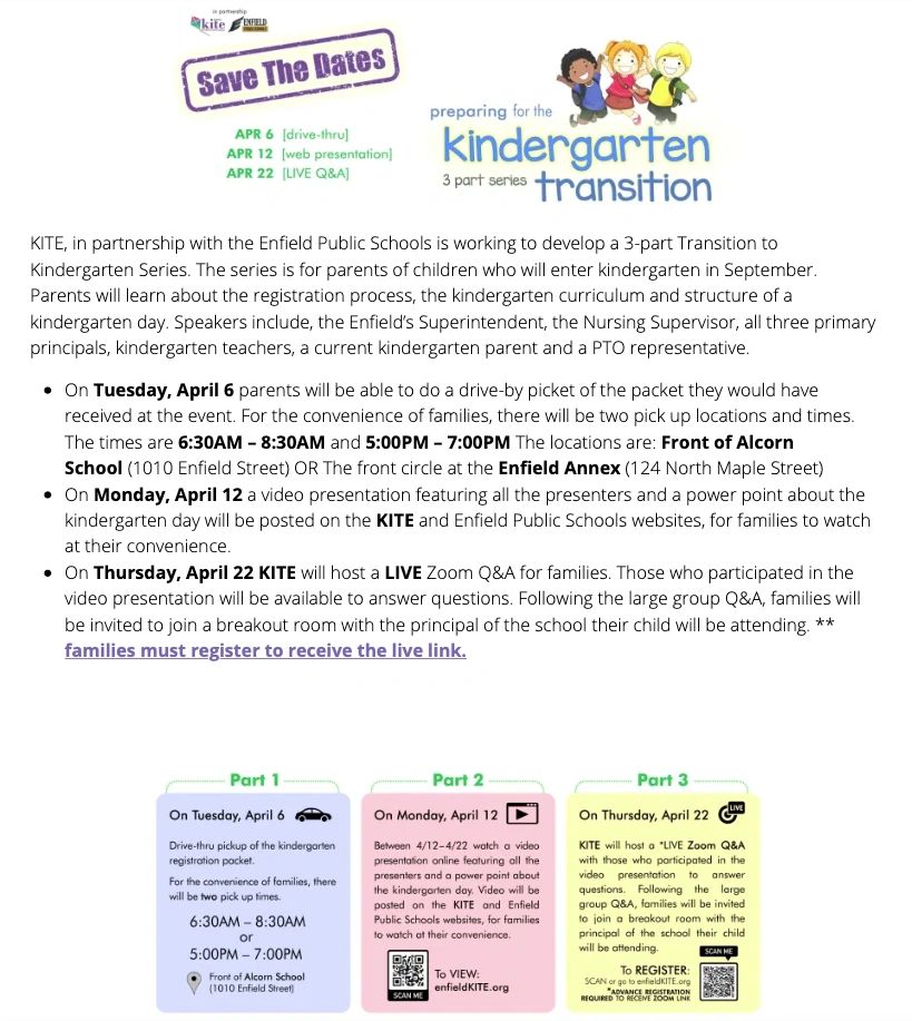 enfieldpto's tweet photo. KITE, in partnership with the Enfield Public Schools is working to develop a 3-part Transition to Kindergarten Series. The series is for parents of children who will enter kindergarten in September.
https://t.co/xX3VMLxmdM
#EnfieldPTO
#WelcomeToKindergarten https://t.co/7Xv1FX7Q6M