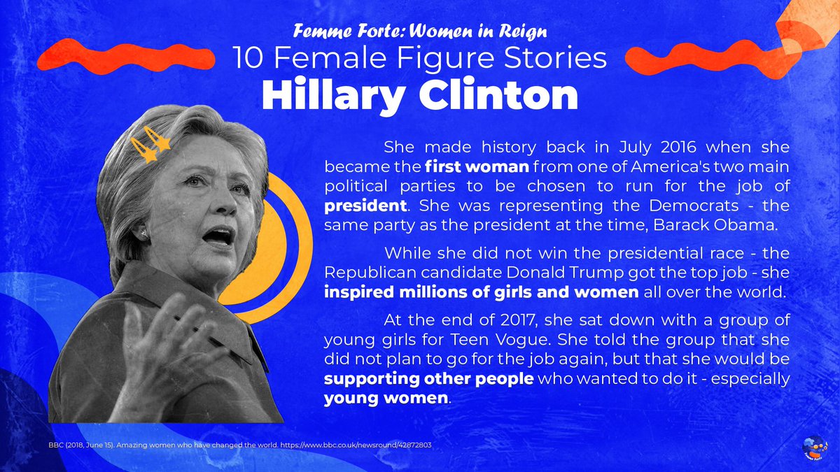 ABMFemmeForte's tweet photo. Hillary Clinton is an American lawyer and politician who served as a U.S. senator and secretary of state in the administration of Pres. Barack Obama. She is the first woman to top the presidential ticket of a major party in the United States. ๐
#WomenInReign #FEMMEmpowerment https://t.co/OIs1HHcGND