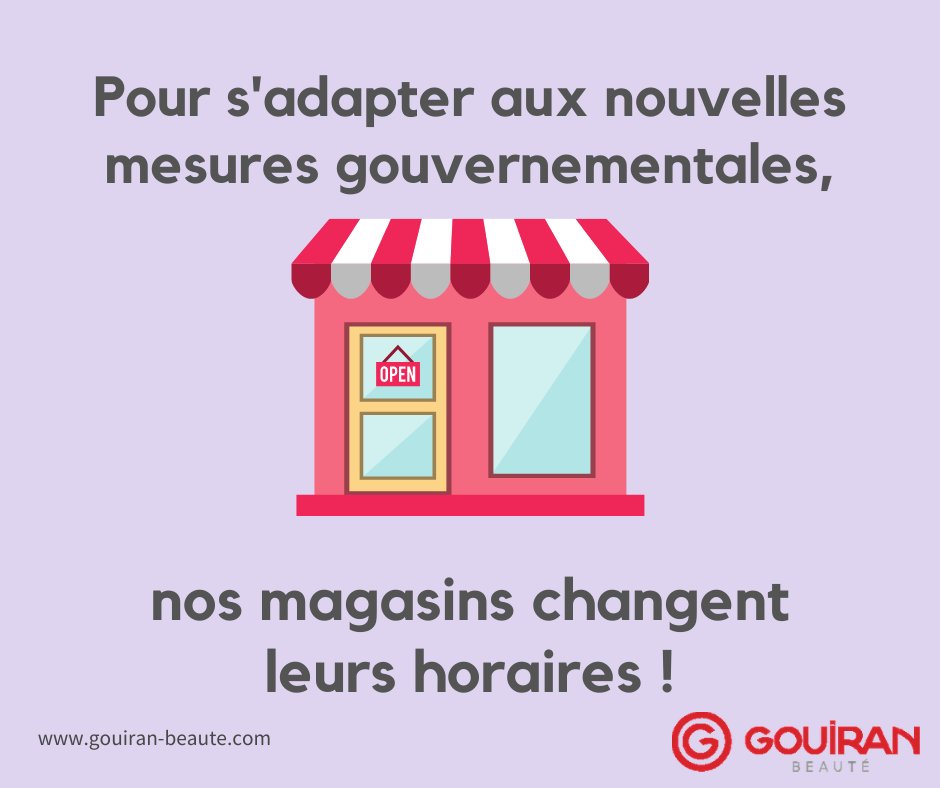 #couvrefeu Nos magasins s'adaptent aux nouvelles mesures gouvernementales et modifient leurs horaires. 
NOS MAGASINS >> bit.ly/2NJqPLT  #beauteliveprofessionnel #beautélive #beautelive #gouiran #gouiranbeauté #gouiranbeaute