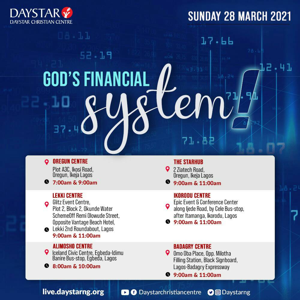 DaystarNG's tweet photo. God's Financial System trumps any earthly economy.
Let's wrap it up this Sunday at any of our physical centres, our social networks, TV or via https://t.co/M7PhupkxSU.
Register for in-person service at https://t.co/RxNrDLpXk6
#DaystarNG #GodsFinancialSystem #RaisingRoleModels https://t.co/7syhmgcYos