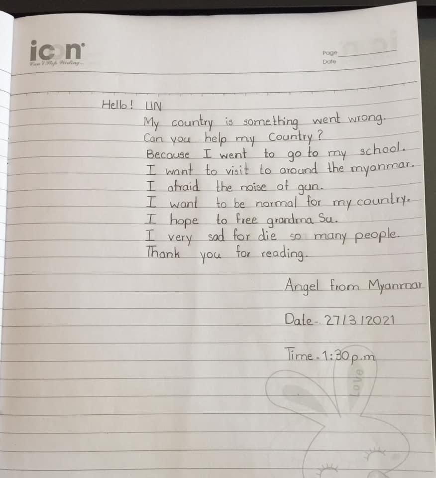 nslwin's tweet photo. Letter from a 9-year-old to @UN @antonioguterres re: #Myanmar 

#WhatsHappeningInMyanmar #AntiFascistRevolution2021 #Mar27Coup #MilkTeaAlliance https://t.co/OedlFMGBQH