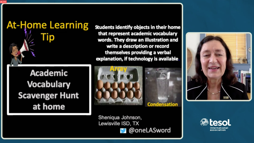 Sheniqua Johnson recieved a shout out from Dr. Deborah Short on today's #TESOL2021 Conference Keynote!!!!!

Sheniqua regularly shares great ideas for teaching. Follow her here: @cameylas and <a href="/onelasword/">oneLASword</a>!!!

#EllChat #Ellchat_bkclub #K12 #ELL #distancelearning