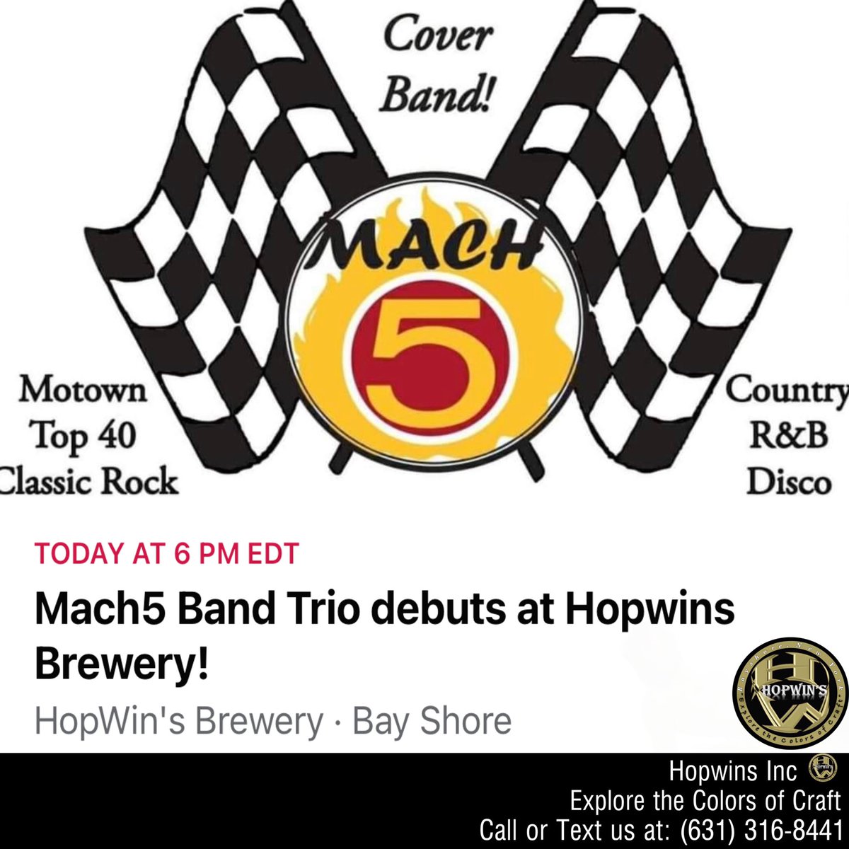 HopwinS's tweet photo. The Mach 5 trio debuts at HopWins Brewery today at 6:00! Not to worry...we open at 2:00 today , so there will be plenty of time to get here and get ya seat. 

 #livemusic  #bands  #trios  #quirkycountrymusicsongtitlesday  #craftbeerlover  #drinkbeer  #craftnotcrap  #fun https://t.co/LSCo1Jy1vX