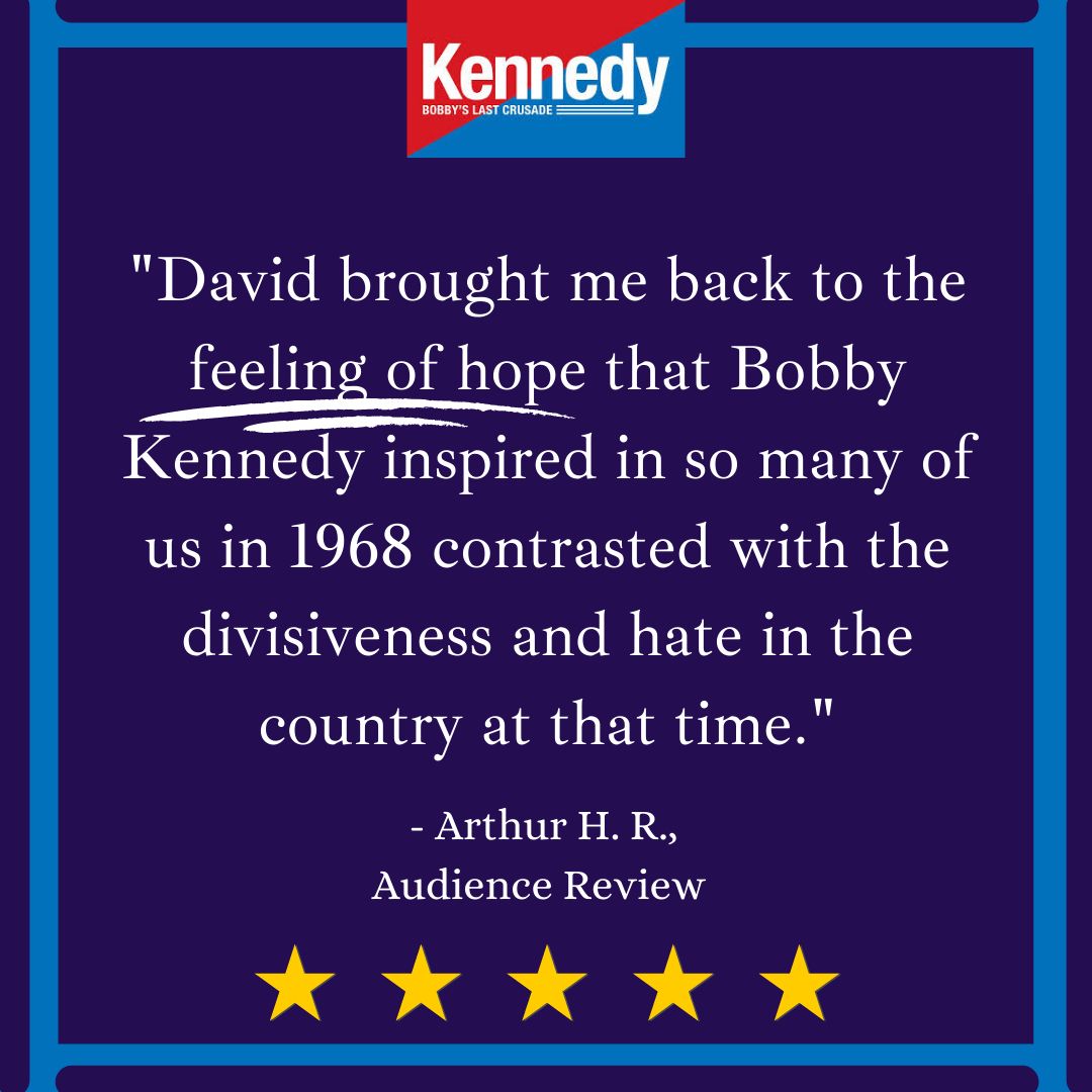 KCrusade's tweet photo. WATCH NOW! 
Now on @broadwayondemand - Kennedy: Bobby’s Last Crusade! David Arrow shines as he takes the stage in this stunning one-person recreation of Bobby Kennedy’s 1968 presidential campaign. Don’t miss this extraordinary and relevant piece! Watch at https://t.co/pTqRIujFVF! https://t.co/F9KETJJxpB