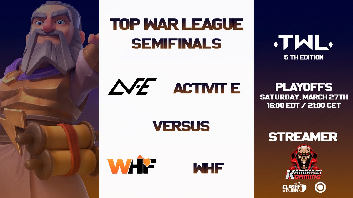 Bora que hoje temos LIVE da SEMI-FINAL da @TopWarLeague 

⏰17:00🇧🇷 20:00🇵🇹
⚔️ACTIVIT-E vs WHF (BO2)

📽️twitch.tv/kamikazi_coc
📽️youtu.be/u_jh14DQInA