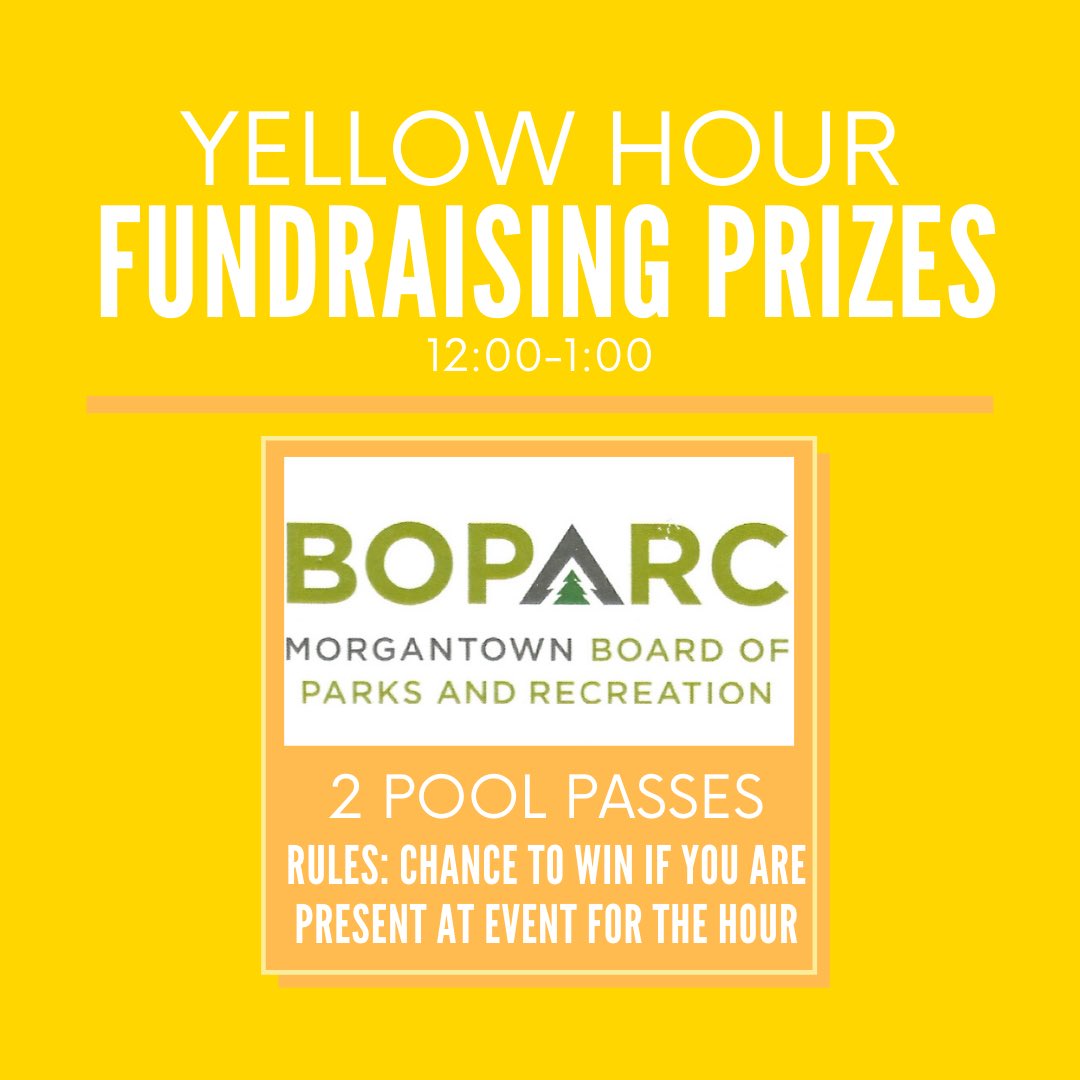 HOUR 3💛
Get ready for our third hour-long incentive challenge! 
2 @morgantown_boparc Pool Passes: Entered to win if you are present at the event during the hour!