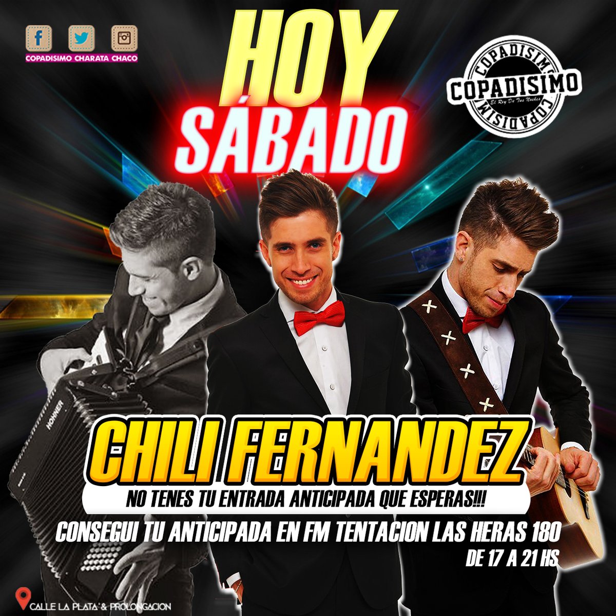 NEW_COPADISIMO's tweet photo. ESTA NOCHE #SHOW EN VIVO EL CHILI FERNANDEZ 
#NO TENES TU ENTRADA ANTICIPADA QUE ESPERAS?
DE 17 A 21HS ADQUIRI EN FM TENTACION NO TE QUEDES AFUERA #COPADISIMO CHARATA https://t.co/CVZR87xQbe