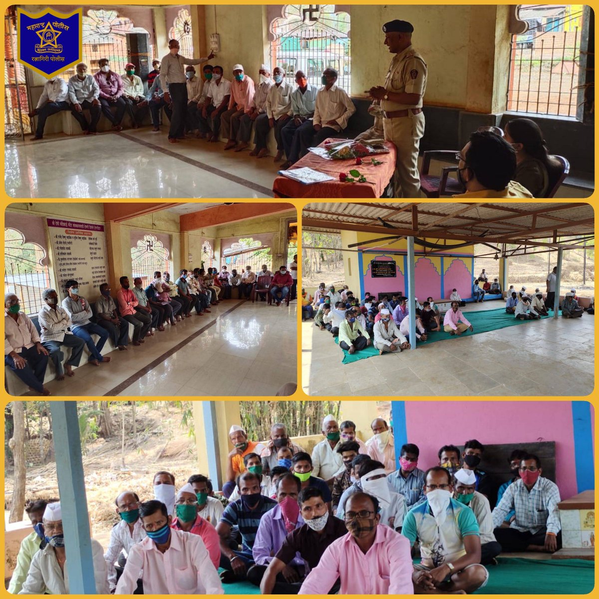 RatnagiriPolice's tweet photo. शिंमगोत्सव निमित्त संगमेश्वर येथील विविध गावातील पालखी मानकरी, ग्रामस्थ, पोलीस पाटील व ग्रामकृती दल सदस्यांना Corona प्रतिबंधक उपाययोजने बाबत पोलीस निरीक्षक झावरे यांनी मार्गदर्शन केले. @DGPMaharashtra #Covid19 #StaySafe #SafeShimga #Sangmeshwar #Ratnagiri #RatnagiriPolice https://t.co/aaRmDY1hBP