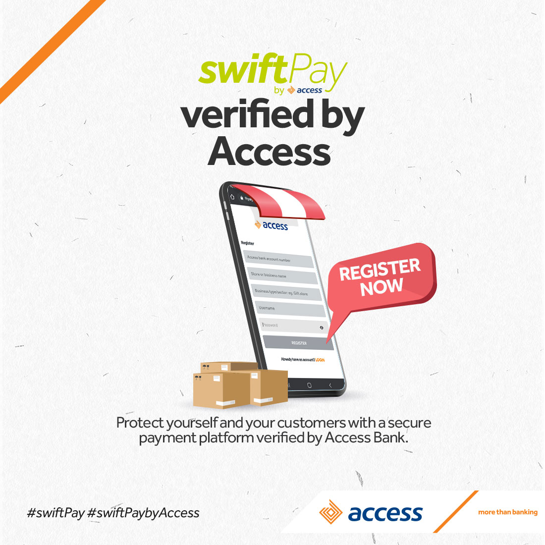 access_more's tweet photo. Give your business more credibility by registering on Swiftpay! 

Ensure your online customer's safety when making transactions by getting a payment link verified by Access Bank. 

Visit the link: https://t.co/qhUfAP6or1 to sign up! #SwiftpayByAccess #AccessMore https://t.co/LpGANyhpKR