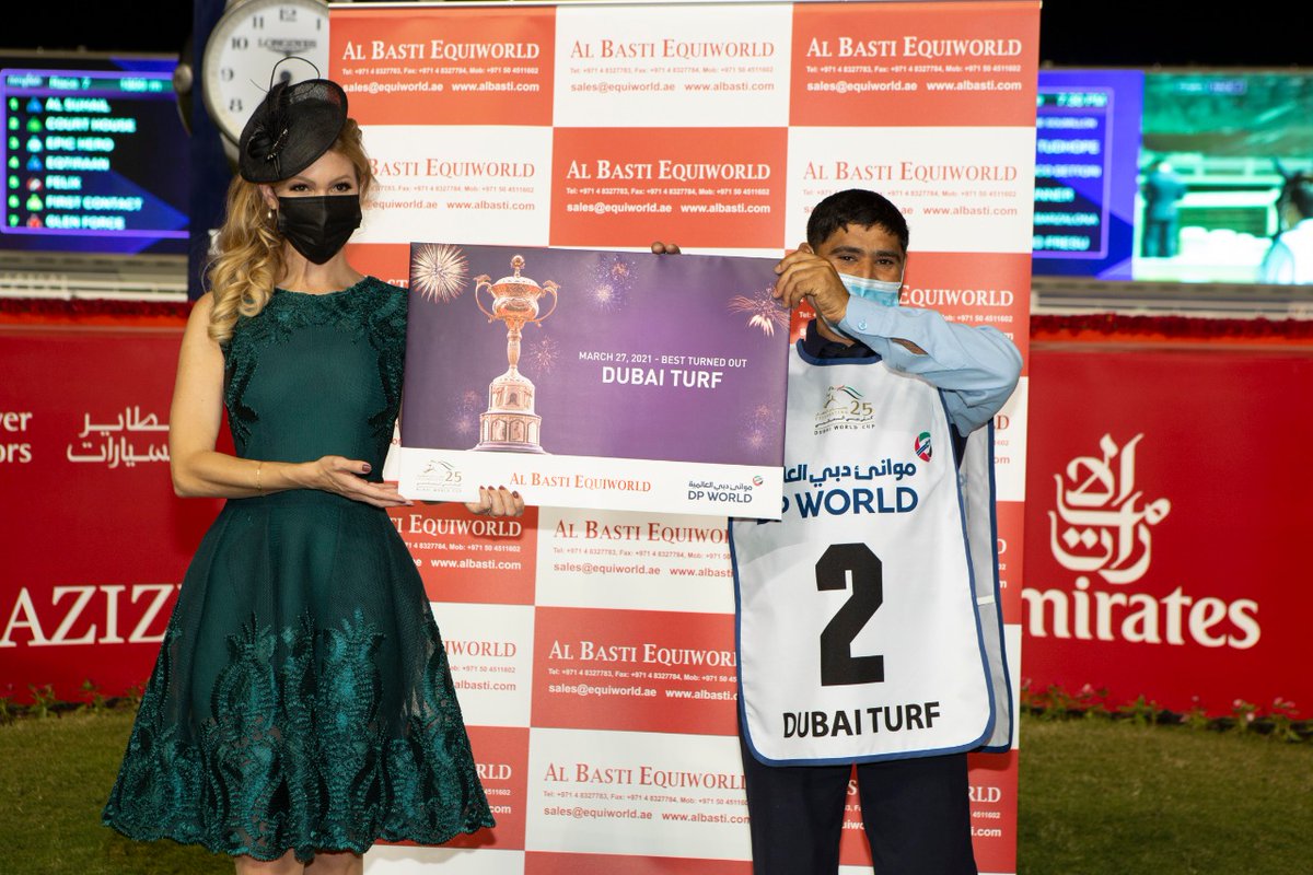 DubaiWorldCup's tweet photo. Congratulations to Court House who won Best Turned Out (sponsored by Al Basti Equiworld) for the seventh race of the #DubaiWorldCup ✨, the Dubai turf, sponsored by @DP_World  
#MeydanRacing https://t.co/vQUegfWbJK