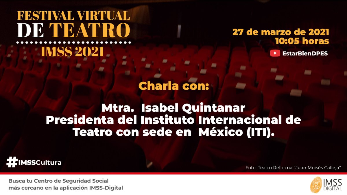 CBS_estar_bien's tweet photo. #FestivalVirtualDeTeatroIMSS tiene una interesante charla con la Maestra Isabel Quintanar, presidenta de la sección México del Instituto Internacional de Teatro de la UNESCO
🔗https://t.co/OPwFfW3ZIE https://t.co/BZhvFRvcGM