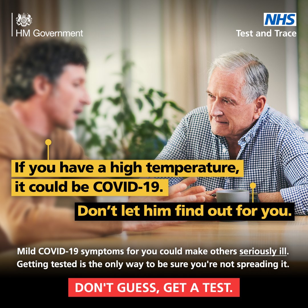 A high temperature could be a symptom of Covid-19. If you have any symptoms, you must get tested. Information on symptoms and how to get tested is available on the NHS website: ow.ly/COKm50E9gWo