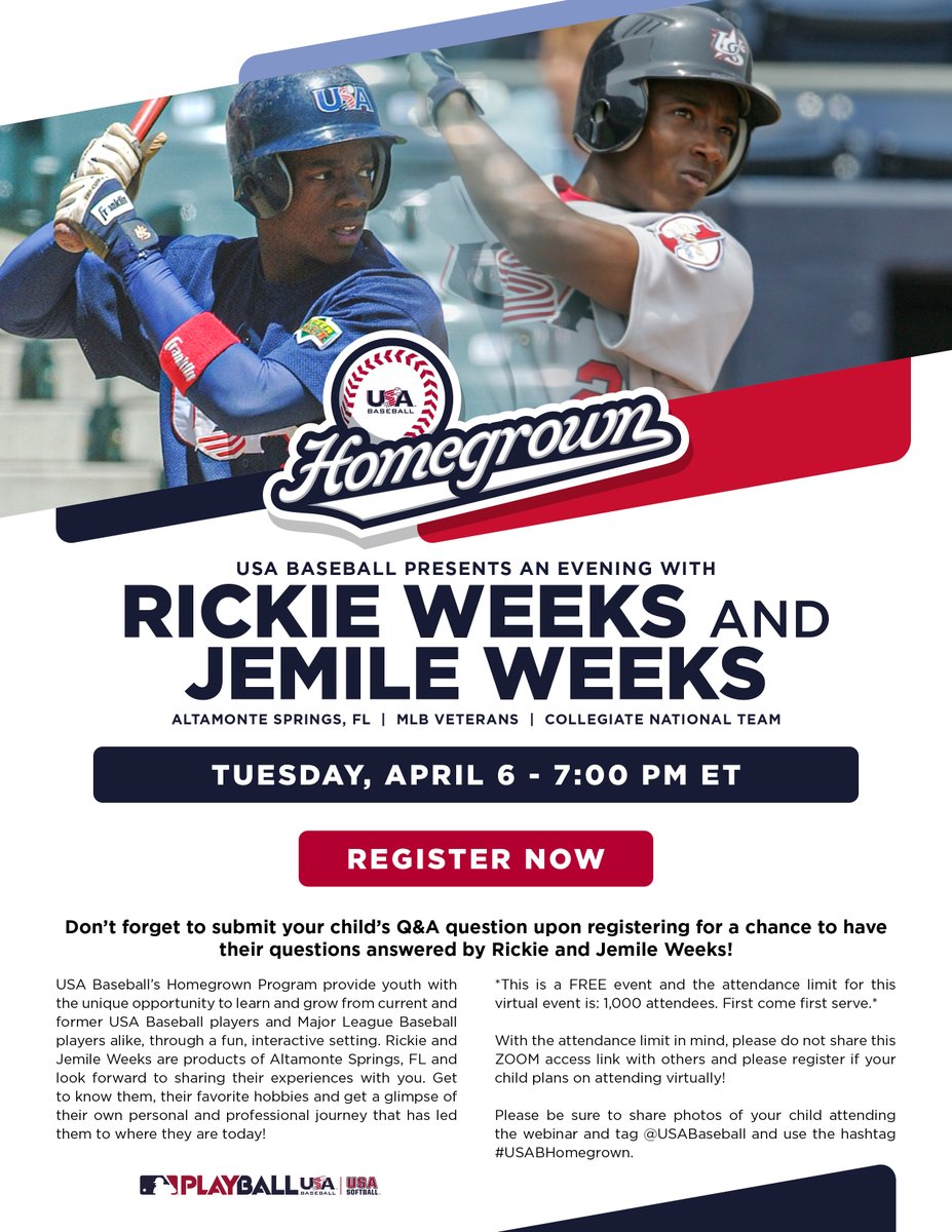 On Tues., (4/6) at 7 PM, <a href="/USABaseball/">USA Baseball</a> will be hosting a live virtual ZOOM webinar featuring hometown heroes, USA Baseball National Team alum, products of Altamonte Springs, FL &amp; former <a href="/MLB/">MLB</a> veterans, Rickie Weeks, Jr. &amp; Jemile Weeks. To register, visit: ow.ly/bOZY50E8dDn