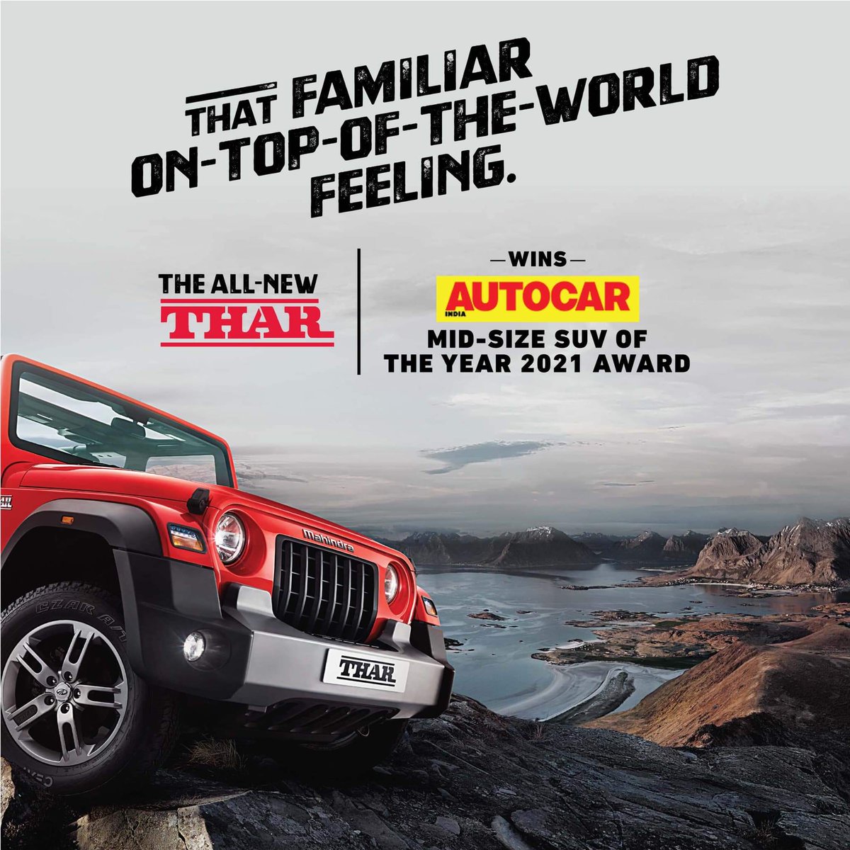 HimatsingkaB's tweet photo. They'll tell you it’s lonely at the top, but with #TheAllNewThar, you'd surely like the view. The All-New #MahindraThar enjoys the best view once again by winning Autocar India Mid-size SUV of the Year 2021. 

#ExploreTheImpossible #AutocarAwards2021 https://t.co/9BJPpq5Lo0