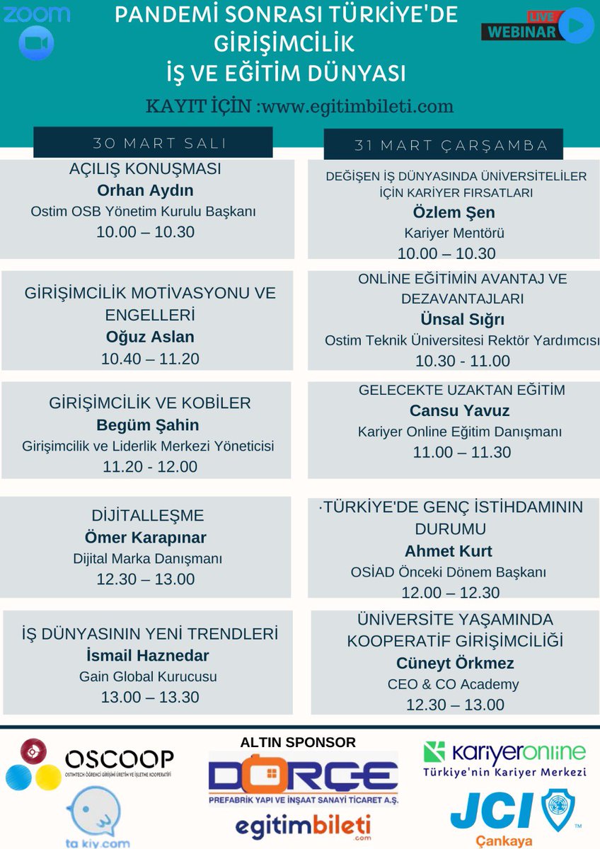 Kooperatifimizin ilk etkinliği 30 Mart Salı günü saat 10.00’da OSTİM Yönetim Kurulu Başkanı Orhan Aydın’ın açılış konuşmasıyla gerçekleşiyor. 2 gün sürecek olan sertifikalı etkinliğimize egitimbileti.com adresinden ücretsiz kayıt olabilirsiniz.
