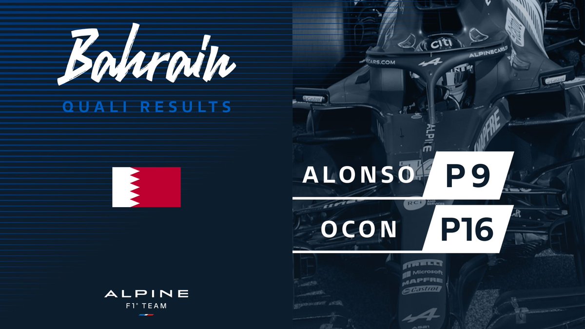 Qualifying 🏁
<a href="/alo_oficial/">Fernando Alonso</a> P9
<a href="/OconEsteban/">Esteban Ocon</a> P16 

#BahrainGP