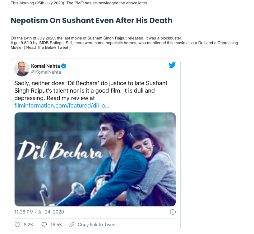 SaiRamSays's tweet photo. This is my first OP-ED on SSR! Never thought that the fight would be too tough and so long! but I still feel #SSRWillGetJustice!

BTW!  @KomalNahta, let me let you know! Dil Bechara was better than Bharat (Salman Khan's Movie)

https://t.co/hQD05q2EES https://t.co/dSwhL7gyrm
