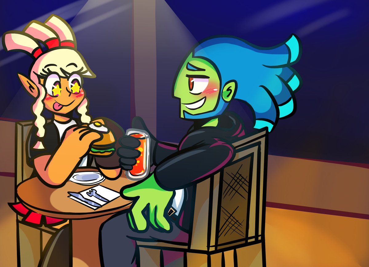 shoobaydoobay's tweet photo. Some mayzuke as a birthday gift for @TheGoosePotions !! The outfits are also by her! They're on a date- 😳🧡💚
#NSR #nostraightroads #mayzuke #zukemay #zuke #mayday https://t.co/h0YGakIzwi