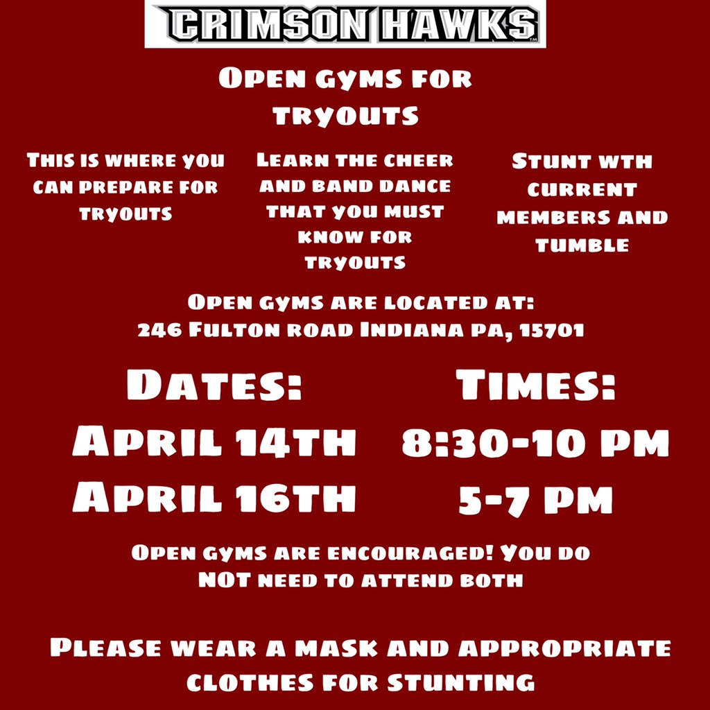 IUPcheerleading's tweet photo. Thinking about trying out for this upcoming season? Come join us for open gyms! More info on our instagram page! #GoHawks #IUP https://t.co/mwvuU4CFv2 https://t.co/ySRzV8yVO1