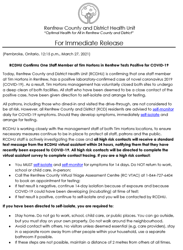 RCDHealthUnit's tweet photo. NOTICE: #RCDHU Confirms One Staff Member at Tim Hortons in Renfrew Tests Positive for #COVID19.

Please note that this was a voluntarily closure of both sites to undergo a deep clean of both facilities. 

For full details visit: https://t.co/irB8HT4OiK. https://t.co/MRL6Gn4ka2