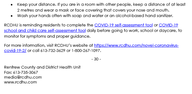 RCDHealthUnit's tweet photo. NOTICE: #RCDHU Confirms One Staff Member at Tim Hortons in Renfrew Tests Positive for #COVID19.

Please note that this was a voluntarily closure of both sites to undergo a deep clean of both facilities. 

For full details visit: https://t.co/irB8HT4OiK. https://t.co/MRL6Gn4ka2