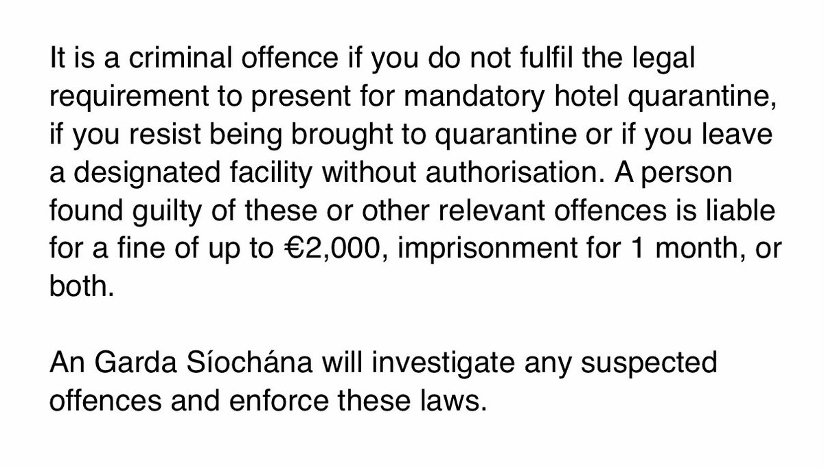 ZaraKing's tweet photo. #LATEST

Department of Health is lead agency on mandatory hotel quarantine

A statement this evening says those

“who leave a designated facility without authorisation” may be “liable for a fine of up to €2,000, imprisonment for 1 month or both” if found guilty

@VirginMediaNews https://t.co/FAtrko0mAn