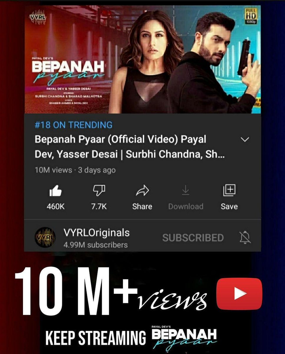 TeamSChandna's tweet photo. Bepanah Pyaar Hits 10M 

Tagline Trending In Top-5 Twitter Trends Now as @SurbhiChandna 's first debut music video with @VYRLOriginals hits 10M views on YouTube. 

#BepanahPyaar #SurbhiChandna https://t.co/sU19ScwsiM