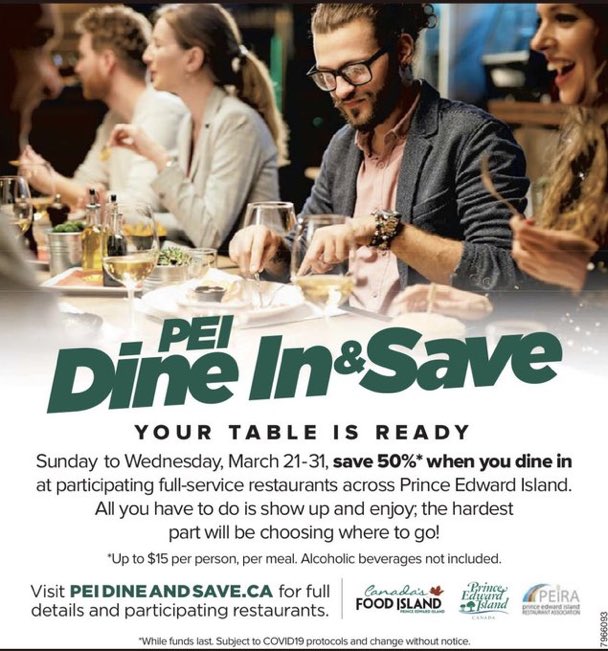 PEI Dine &amp; Save is entering 2nd and final week. Great opportunity to support over 70 local PEI restaurants.. try something new and different and save some $$. Great to see local full-service restaurants with  activity and momentum - safely serving PEI <a href="/FoodIslandPEI/">Food Island PEI</a>