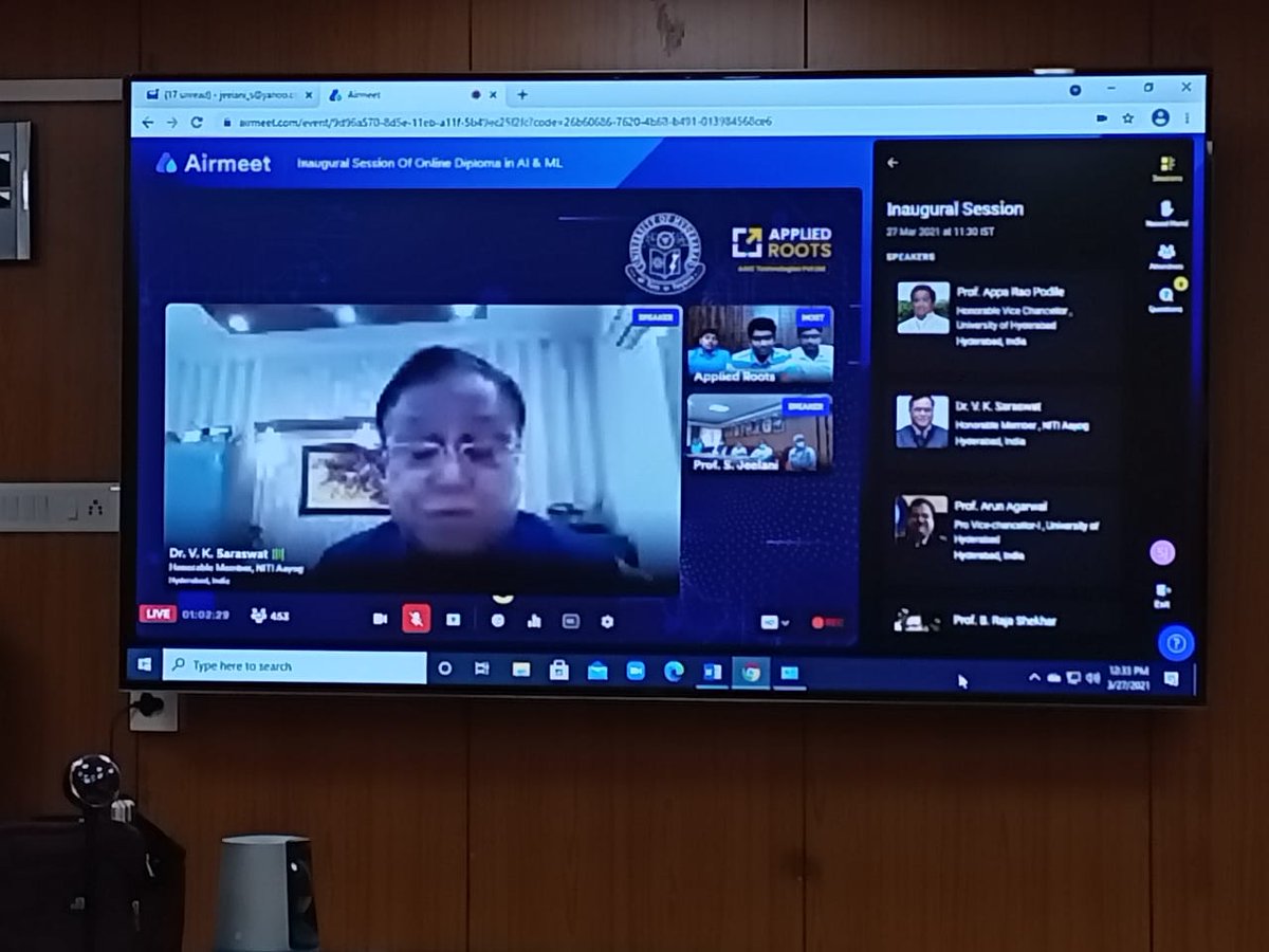 HydUniv's tweet photo. Dr. #VKSaraswat virtually inaugurated the first batch of online Diploma in Artificial Intelligence & Machine Learning (DAI&ML) at @HydUniv
#UoH and AAIC Technologies Pvt. Ltd. are jointly offering this programme through the Center for Distance and Virtual Learning (#CDVL) https://t.co/seItFLkJ0i