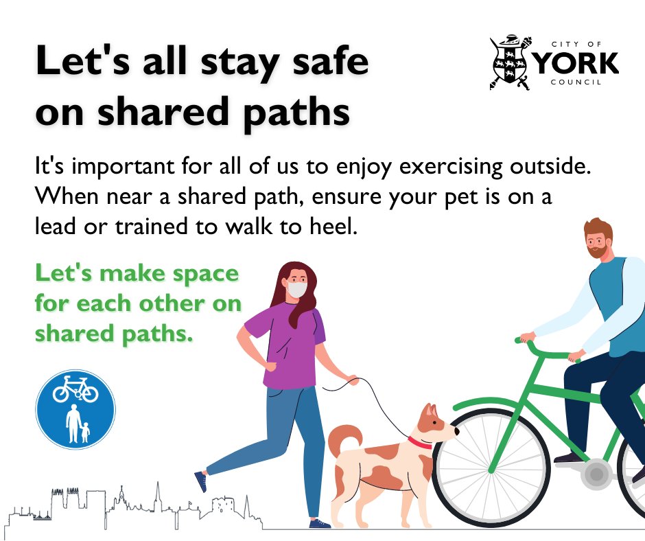 CityofYork's tweet photo. It's important for all of us to enjoy exercising outside. When near a shared path, please ensure your pet in on a lead or trained to walk to heel. Let's make space for each other on #SharedPaths. 🚴🚶🐕
For  walking and cycling routes around York, visit https://t.co/BEjpBAPa9x https://t.co/63JvrFE3yV