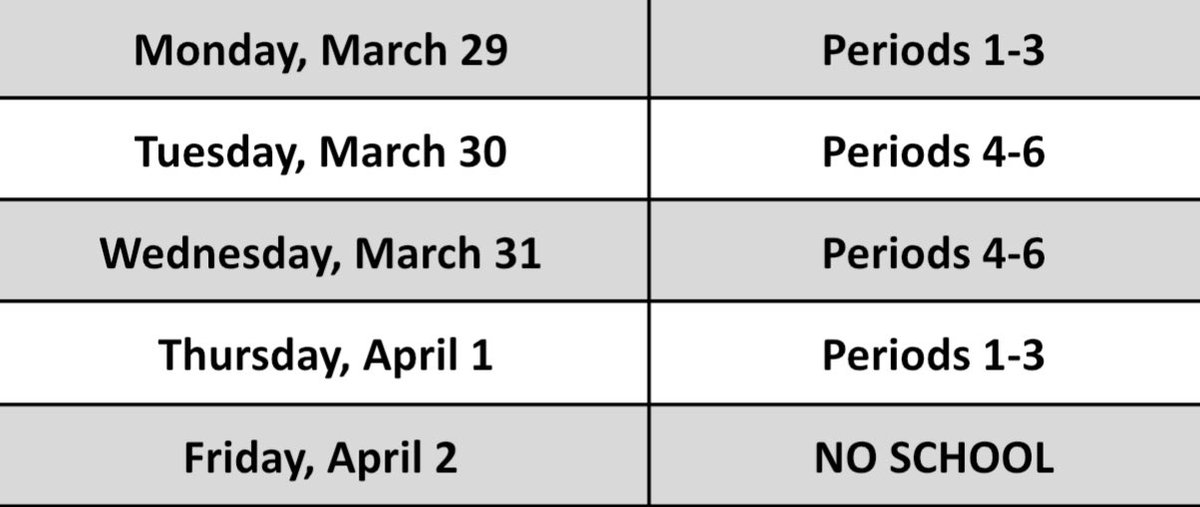 ChristineSermak's tweet photo. Because there is no school on Friday, Friday’s class period schedule has been moved to Wednesday (hours 4-6). https://t.co/dW9MSsgB3F
