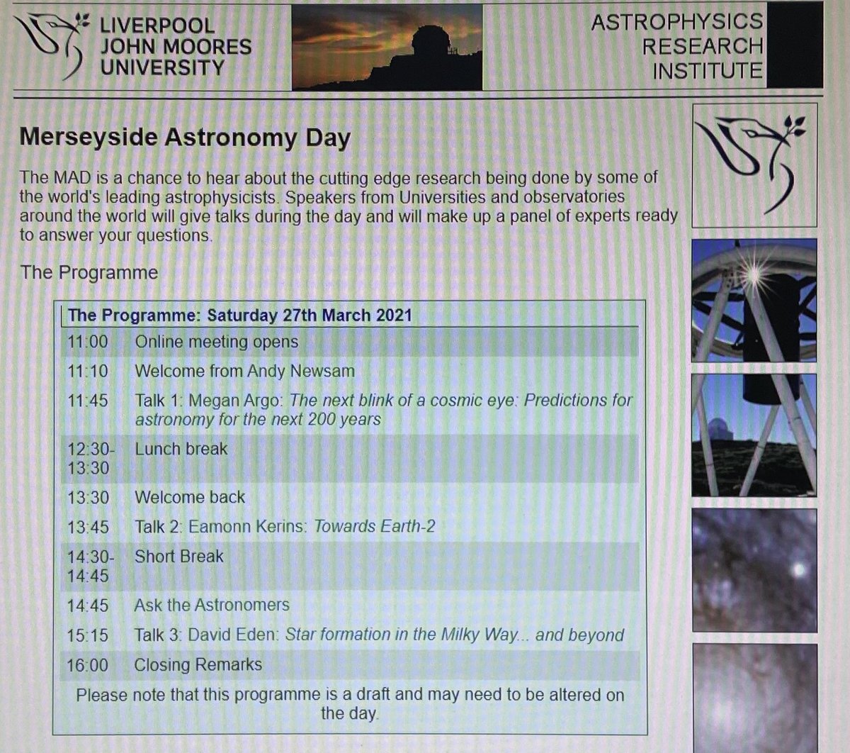 Spyder_Webb's tweet photo. Currently watching @AstroMeg’s online talk on The Next 200 Years In #Astronomy as part of @LJMU_Astro’s #MerseysideAstronomyDay #MAD2021

Talking #Mars, @ESA_JUICE @CallistoTheMoon flyby, @GanymedeTheMoon flyby, @NASAWebb, #LSST, #SKA and beyond!

#space #cosmos #universe https://t.co/aWW3PbLvHH