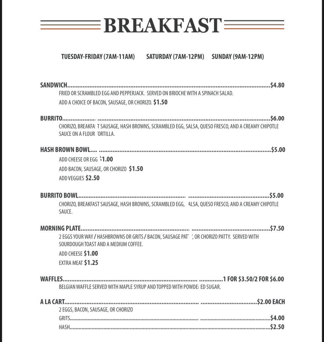 Breakfast from now to 12PM! Come grab a coffee and a bite to eat!