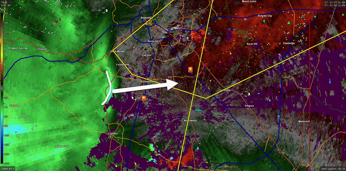TBNA radar shows a few 60-70 MPH winds moving now into Brentwood. These are straight line winds. / 709 AM