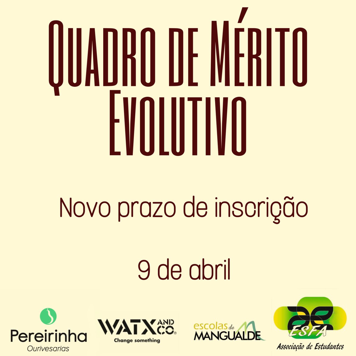esfaAE's tweet photo. Quadro de Mérito Evolutivo, o projeto feito à tua medida. Consulta o regulamento e participa. Para mais informações fala diretamente com a tua AE. Queres mesmo ficar de fora? Link na bio do nosso Instagram. https://t.co/r78fzEUJcc