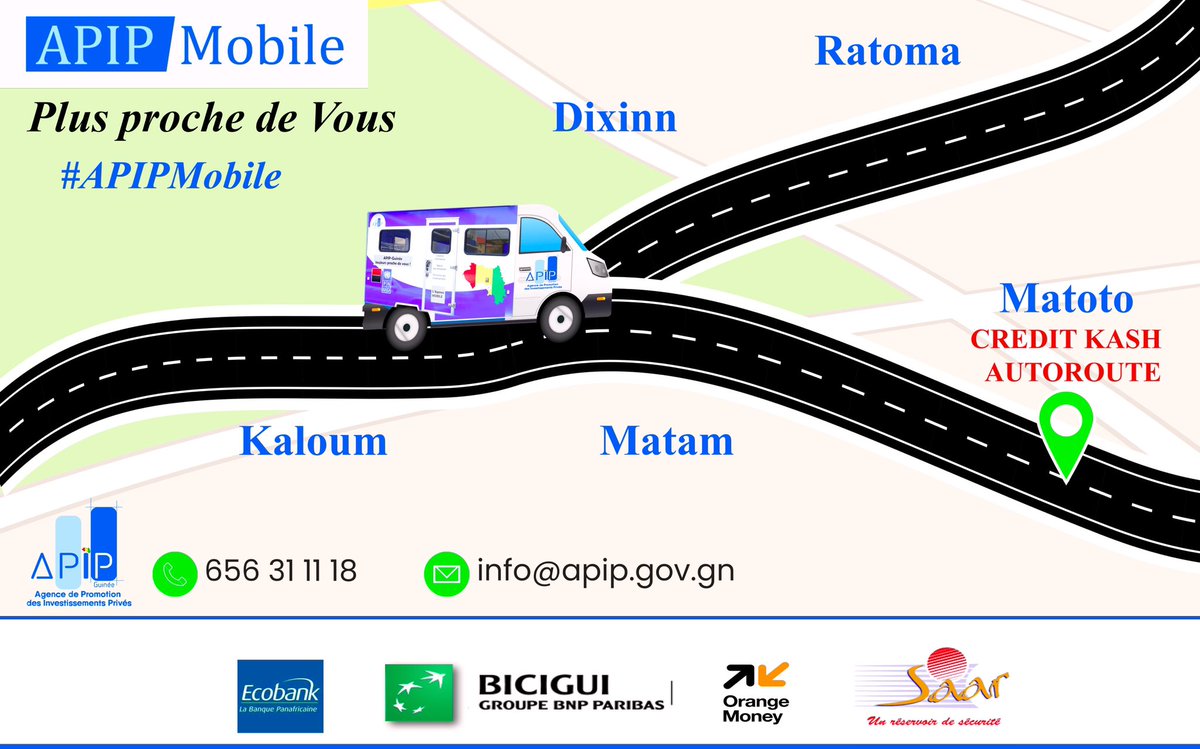 Invest_in_Gn's tweet photo. Créer votre #entreprise prÚs de chez vous avec #APIPMOBILE
Retrouvez votre bus de #crĂ©ation du 29 mars au 03 avril, sur lâautoroute Ă Matoto devant Credit Kash.
đ 8h30 - 16h30
đ656311118
@APIP_Guinee, plus proche de vous !
@Biciguinee @EcobankGuinee @orangeguinee_gn https://t.co/QIzHcYv2R2