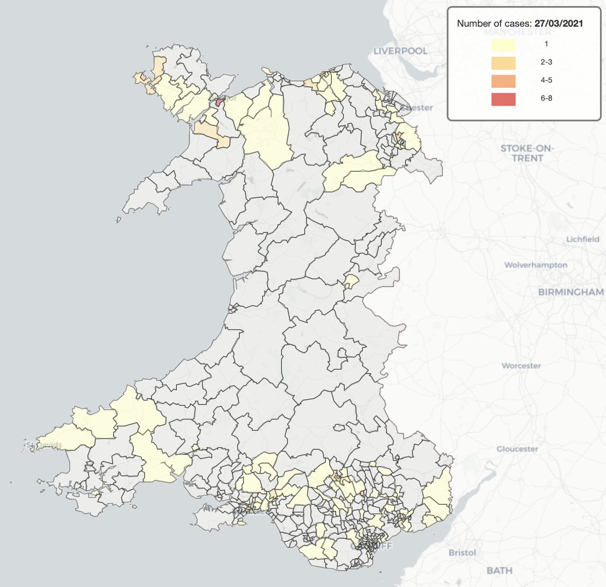 The map for today's number of #COVID19 cases in specific areas of Wales is now online! 🏴󠁧󠁢󠁷󠁬󠁳󠁿🦠🗺️

bit.ly/3ptuytZ

Some stats from the data today:

Bangor South, Gwynedd reports 8 cases - up by 7 ⬆️

Bodedern & Rhosneigr, Anglesey reports 2 cases - down by 9 ⬇️