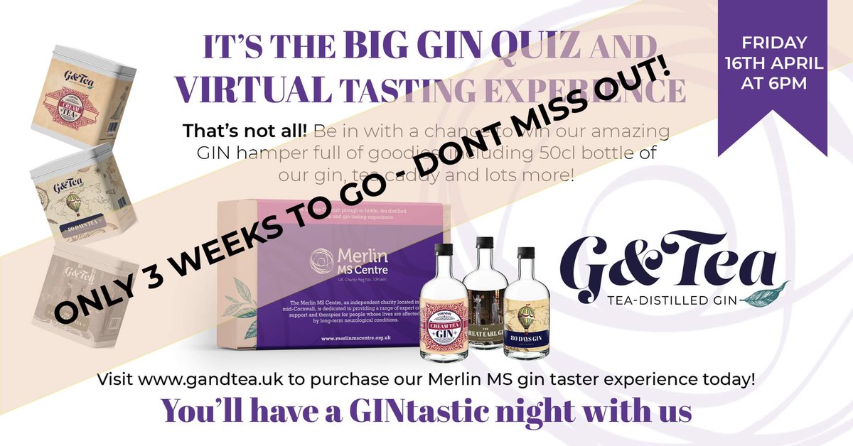 Come and join us for what is guaranteed to be an AMAZING evening filled with fun, laughter, quizzes and most importantly GIN! @MerlinMSCentre <a href="/MSCentreSussex/">Sussex MS Centre</a> 

Only 3 weeks to go!!

Don’t miss out! 

gandtea.uk

#ginquiz #virtualgintasting